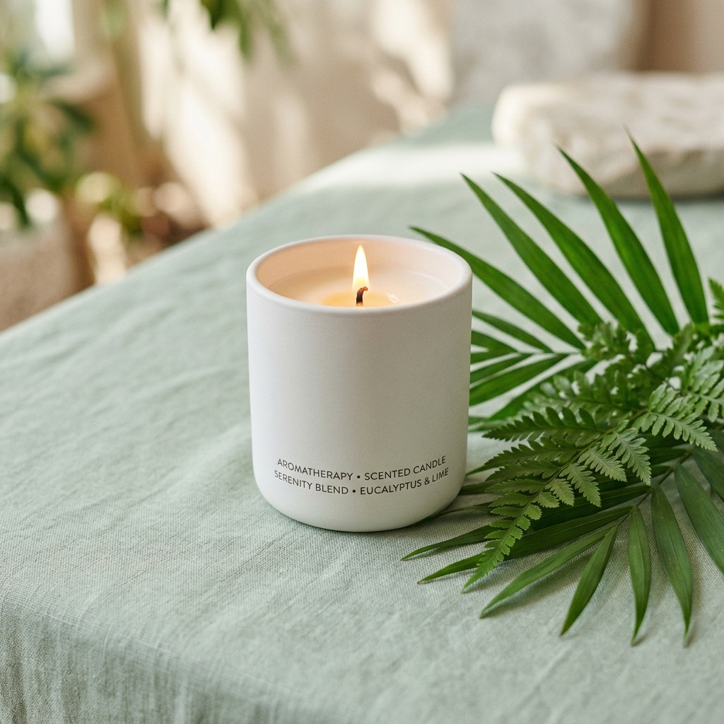 White aromatherapy scented candle with fern leaves